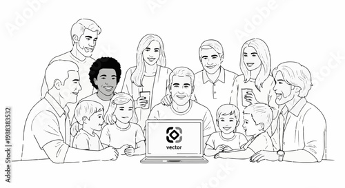 Diverse family and friends gather around a laptop, sharing a joyful moment