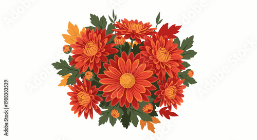 A vibrant bouquet of bright orange and yellow chrysanthemums with green leaves