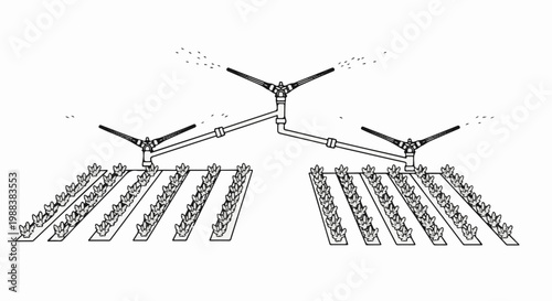 Overhead view of automated sprinklers watering rows of crops in a field