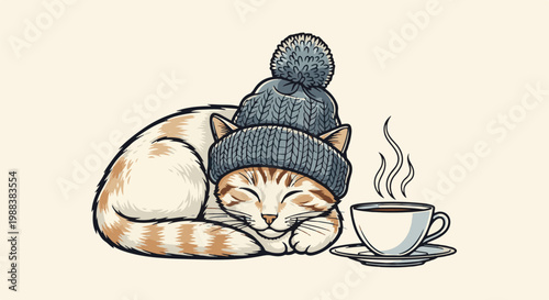 A cozy cat in a knitted hat sleeps next to a steaming cup of coffee