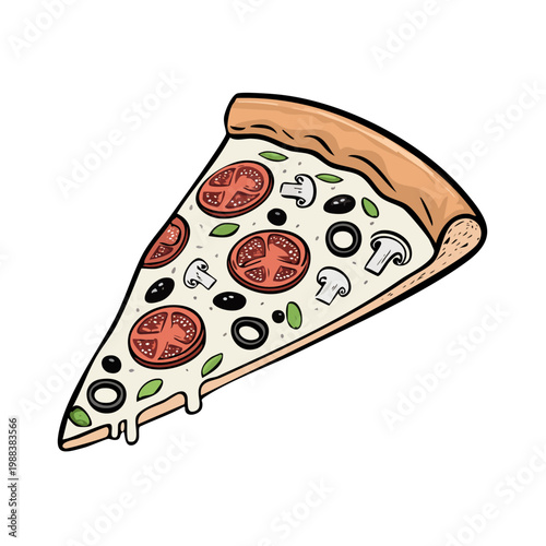 Delicious slice of pizza with tomatoes mushrooms olives and cheese illustration