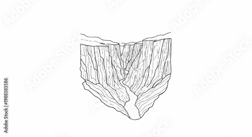 A dramatic line drawing depicts a deep canyon with a winding river at its base