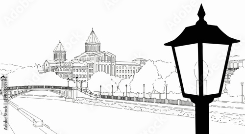 Ornate lamppost foreground, ornate bridge and grand buildings backdrop