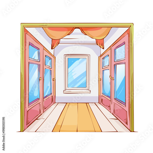 Cartoon hallway with open doors, window, and curtains, inviting interior space