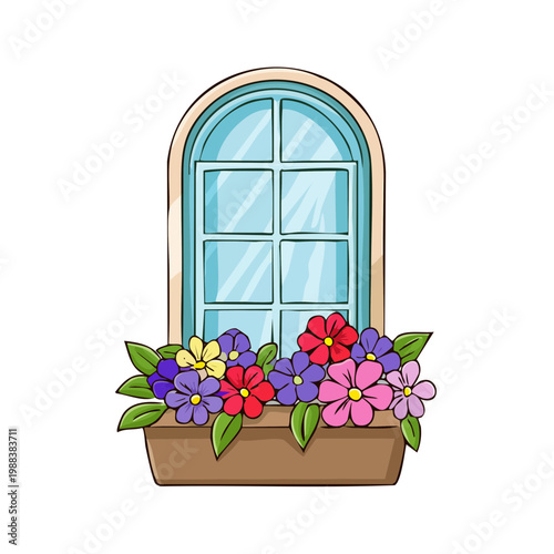 Charming arched window with a colorful flower box filled with blooming plants