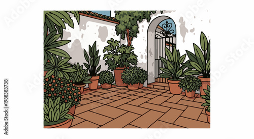 Potted plants create a lush courtyard with terracotta tiles and an arched gateway