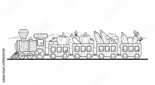 Black and white cartoon train engine carrying a variety of fresh vegetables in its cars