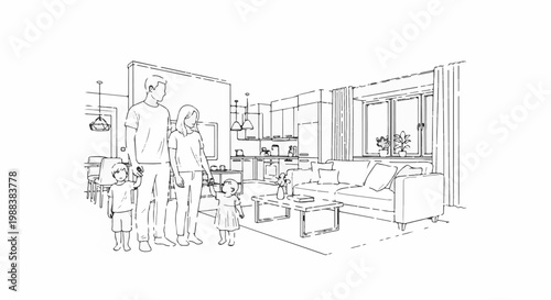 Sketch of a family in a modern living room with an open kitchen area