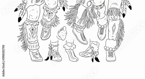 Detailed line art of various traditional Native American footwear and leg adornments
