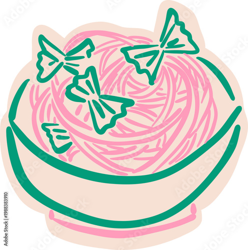 Neon Outline Pasta Bowl With Ribbon Noodles, Italian Food Sticker Doodle Illustration