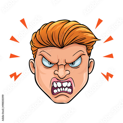 Close up of an angry cartoon man's face with furrowed brows and gritted teeth emitting red energy bursts.