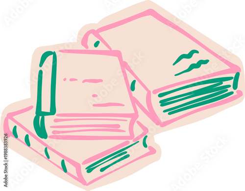 Neon Outline Books With Pen, Writing Study Education Sticker Doodle Illustration