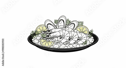 Seafood platter with shrimp, oysters, lemon, and herbs on a bed of ice