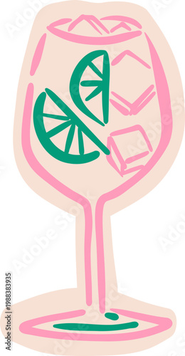 Neon Outline Wine Glass With Citrus Slice, Cocktail Toast Sticker Doodle Illustration