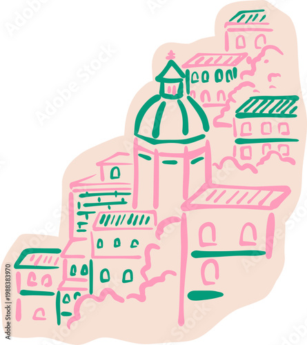 Neon Outline Italian City Skyline Buildings, Travel Architecture Sticker Doodle Illustration