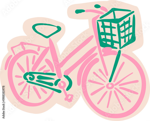 Neon Outline City Bicycle With Basket, Retro Bike Sticker Doodle Illustration