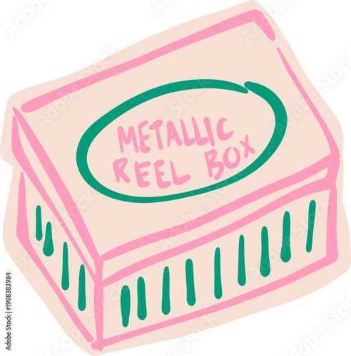 Neon Outline Metal Reel Tin Box, Vintage Storage Container Sticker Doodle Illustration