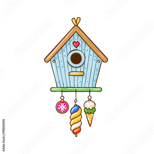 Charming blue birdhouse adorned with festive holiday ornaments and heart detail