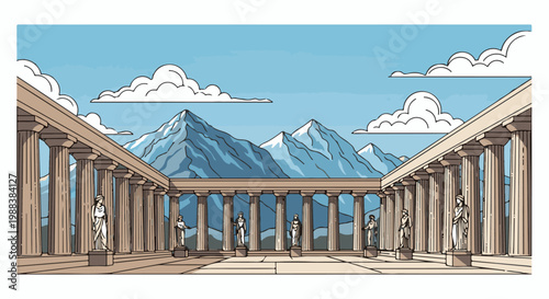 Ancient colonnade with statues facing snow-capped mountains under a blue sky