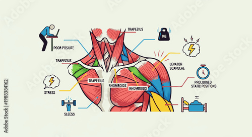 Anatomical illustration of upper body muscles and contributing factors