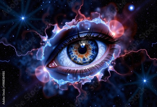 Mystical Cosmic Eye Illuminating the Universe with Vibrant Colors Amidst a Celestial Backdrop of Stars and Energetic Lightning