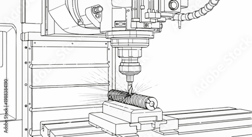 A machine precisely cuts a threaded metal cylinder on a workbench