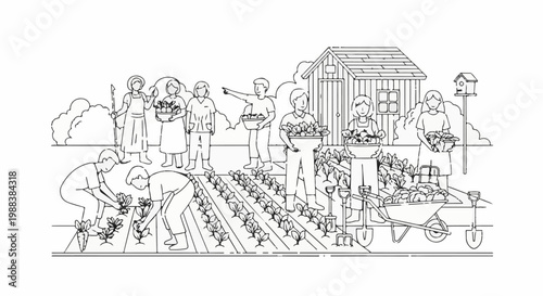 Community members engage in various gardening tasks, harvesting produce near a shed