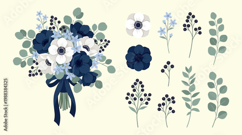 A beautiful floral arrangement featuring an array of flowers and foliage, with shades of blue and white, offering a touch of elegance and natural beauty.