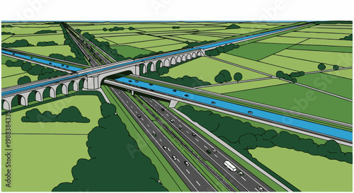 An aerial view of intersecting highways and aqueducts over green fields