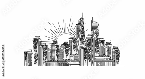 Hand-drawn city skyline with buildings covered in foliage under a rising sun