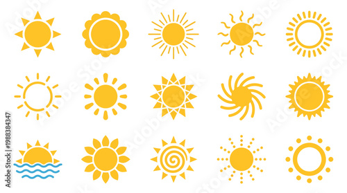 Diverse collection of sunshine elements, offering a radiant array of designs. The designs showcases a variety of stylized suns in a delightful display of forms