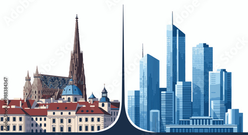 Contrast between historical European architecture and modern city skyscrapers