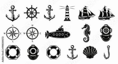Collection of nautical symbols anchors, compasses, ships, lighthouse, submarine, seahorse, diver's helmet