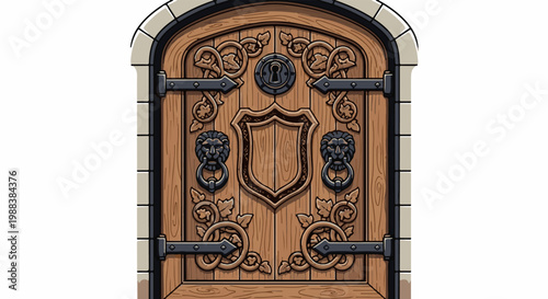 Ornate wooden door with lion knockers and shield emblem
