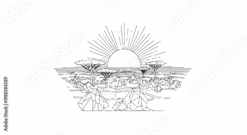 Stylized savanna landscape at sunrise with acacia trees and rocks