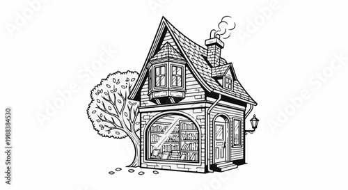 Whimsical bookshop building with a leafy tree and smoking chimney