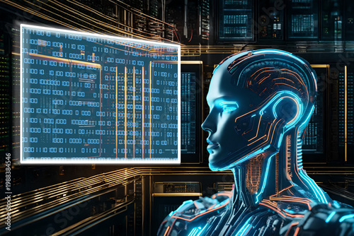 Umanoide simboleggia Intelligenza artificiale, in aiuto ed in opposizione a quella umana. Mente cibernetica in primo piano con simboli tecnologia sullo sfondo.
