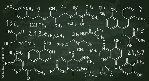 Chalkboard displaying complex chemical formulas and numerical notations