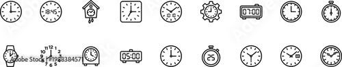 clock and time icons set including analog clock digital clock stopwatch alarm clock wristwatch wall clock and cuckoo clock vector outline collection isolated on transparent background