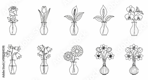 Ten different line art flower arrangements in vases displayed in two rows
