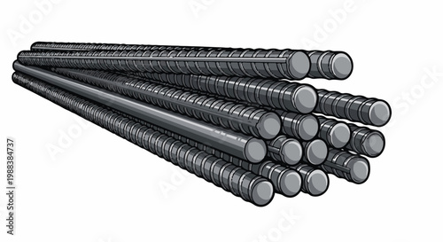 Bundle of steel reinforcing bars, gray, ribbed