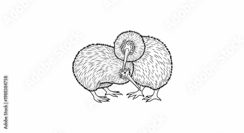 Two fuzzy birds with long beaks touch beaks on a white background