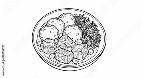 A black and white line drawing of a bowl filled with meat, noodles, and round items