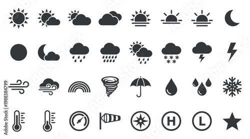 Set of weather icons, ideal for use in weather forecasts, apps, and various design projects
