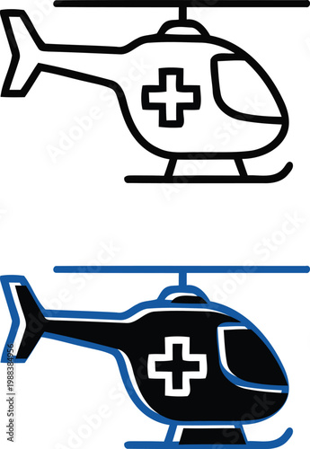 Medical Rescue Helicopter Icon Set for Air Ambulance and Emergency Service Design with Outlined and Glyph Vector Styles