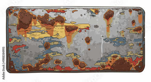 Corroded rectangular metal plate with peeling paint and rust spots