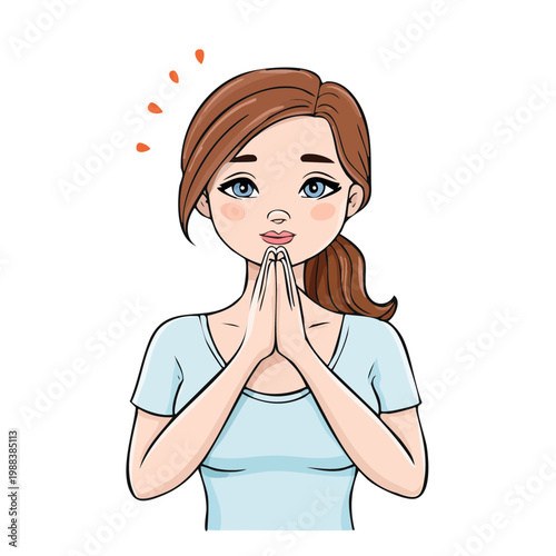 Young woman with folded hands and hopeful expression