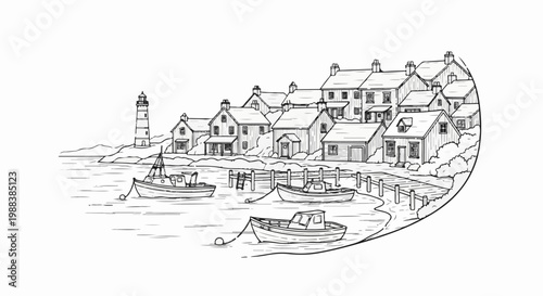 Coastal village scene with lighthouse, boats, and houses nestled hillside