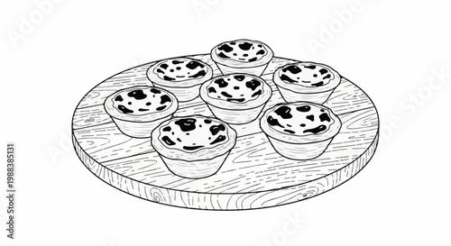Seven delicious tarts with speckled caramel tops on a wooden platter