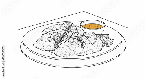 Battered fish fillets on plate with lemon, herbs, and sauce